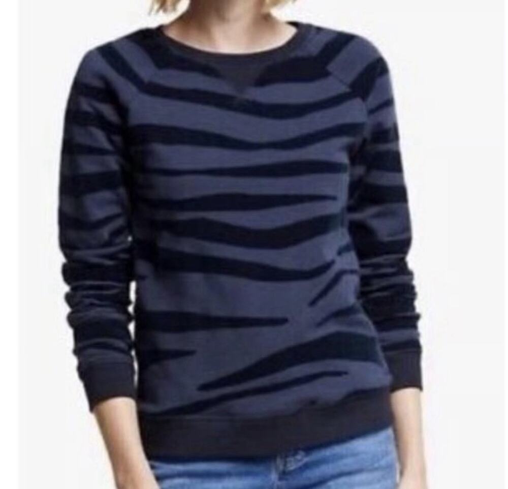 BODEN Pullover Sweatshirt Women Size S Navy Blue Flocked Zebra Print Crew Neck